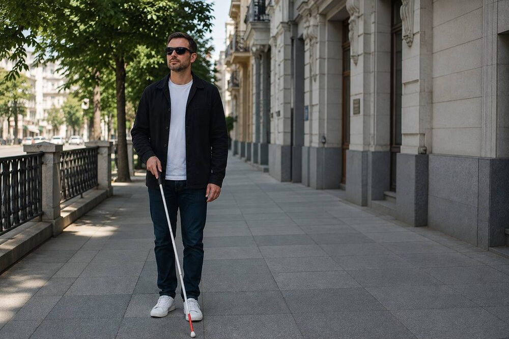 Blind man walking outdoors with a white cane, controlling his phone hands-free