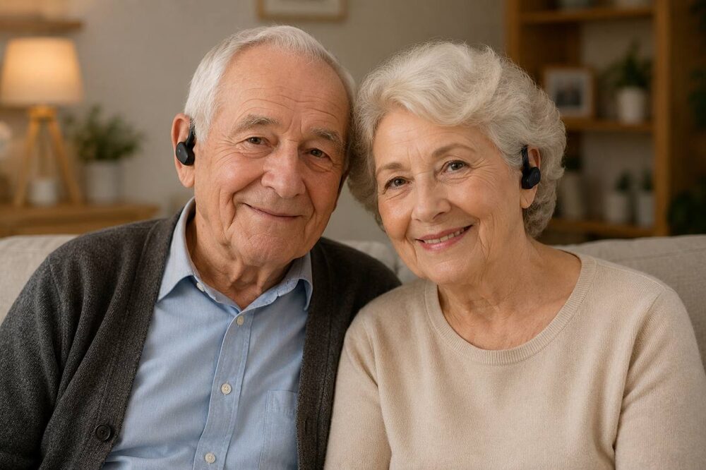 Elderly couple smiling, both wearing wireless earpieces