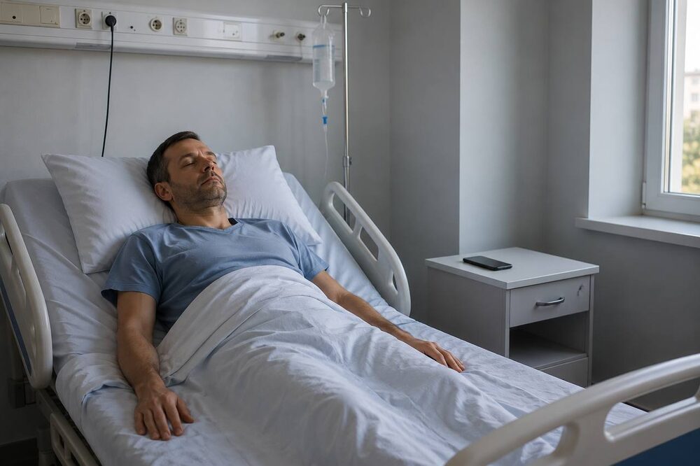 Man resting in bed, controlling his phone by voice without touching it